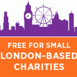 Image shows a purple building skyline of London including Big Ben and the London Eye, with the text "Free for small London-based charities" in white on an orange background.